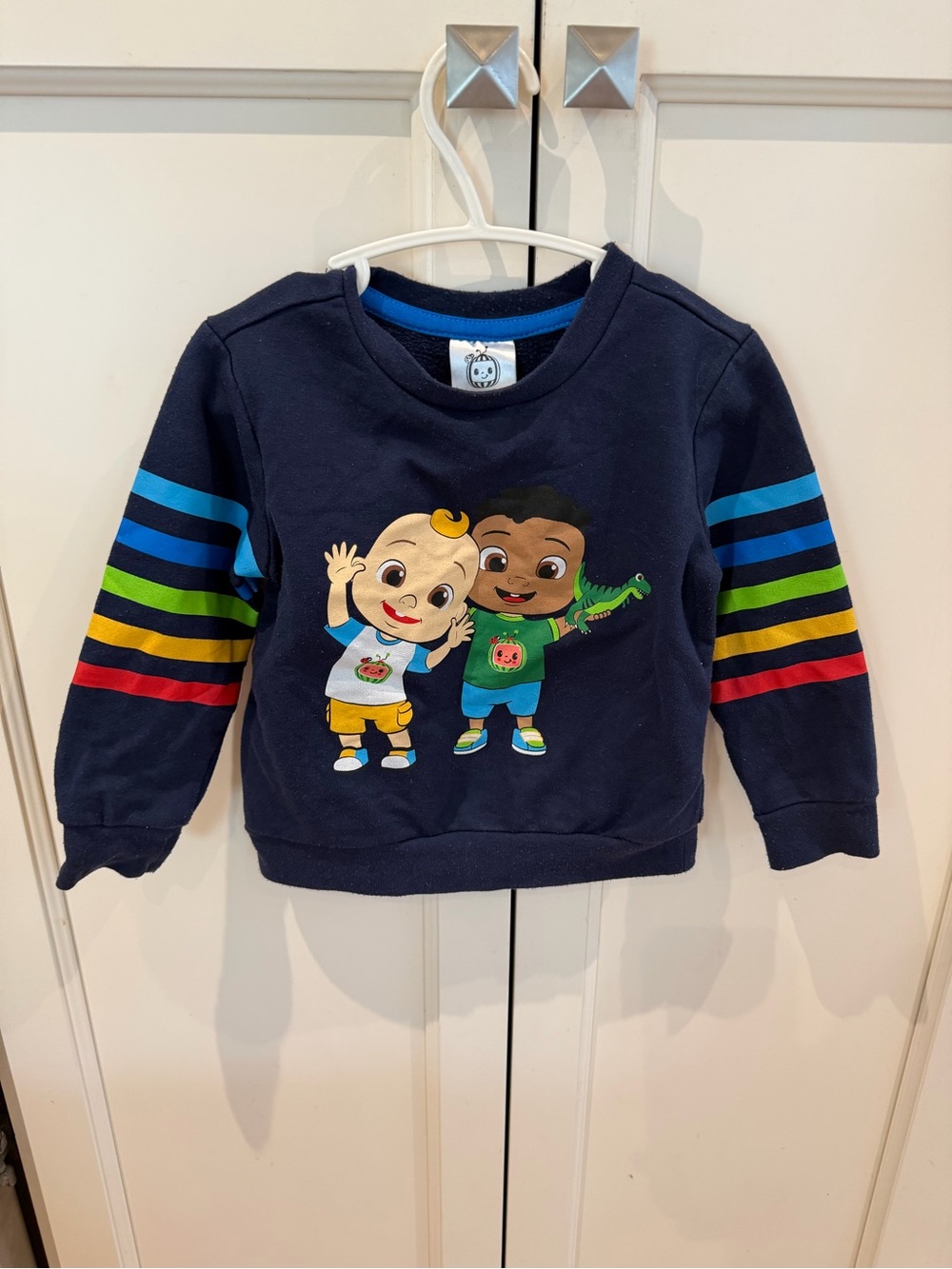 Cocomelon jj 2t Kids Navy Crewneck Sweatshirt with Colorful Stripe Sleeves